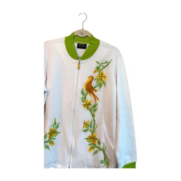 Bob Mackie Wearable Art White/Green Embroidered Bird Zip Up Sweater Sz XL NWOT - Picture 4 of 11